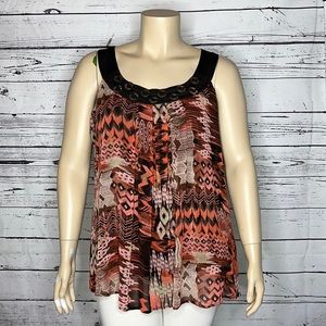 Avenue Size 18/20 Pink & Brown Aztec Print Wooden Embellishment Tank Top Blouse